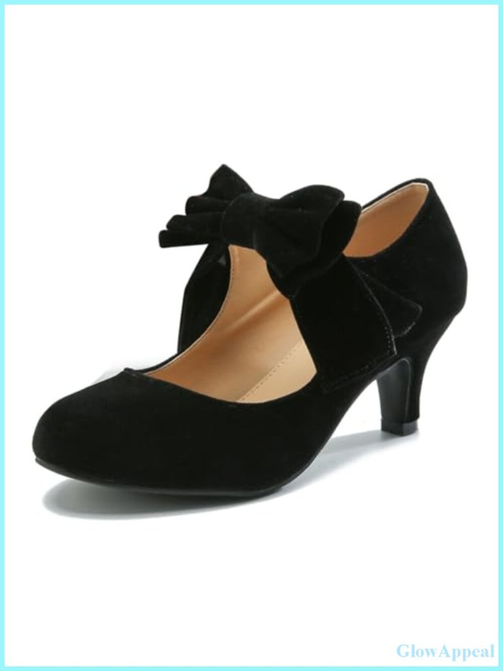 Faux Velvet Bow Mary Jane Kitten Heel Round Toe Ankle Strap Party Pumps
